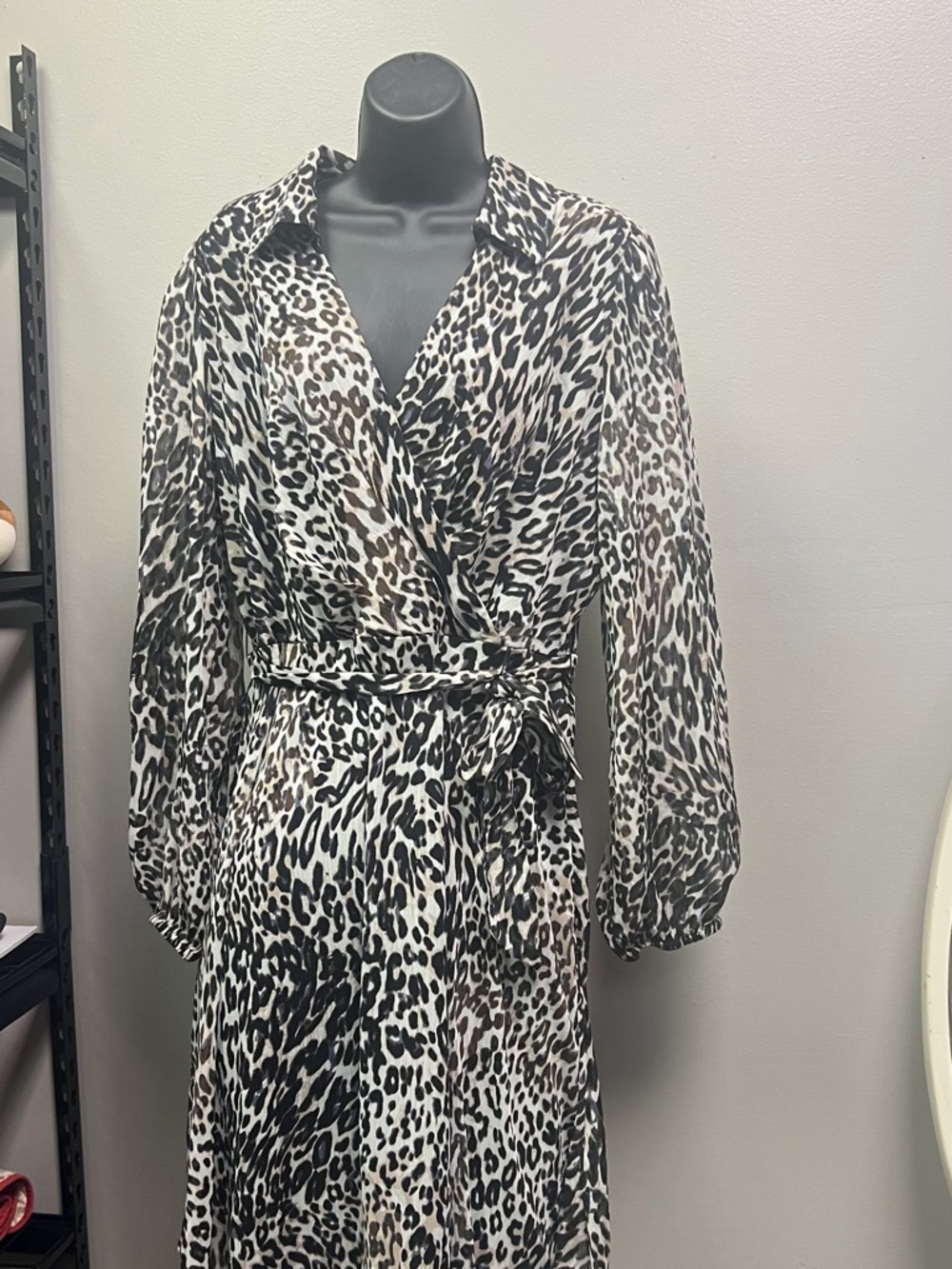DKNY Black and White Leopard Print Long Sleeve Wrap Dress